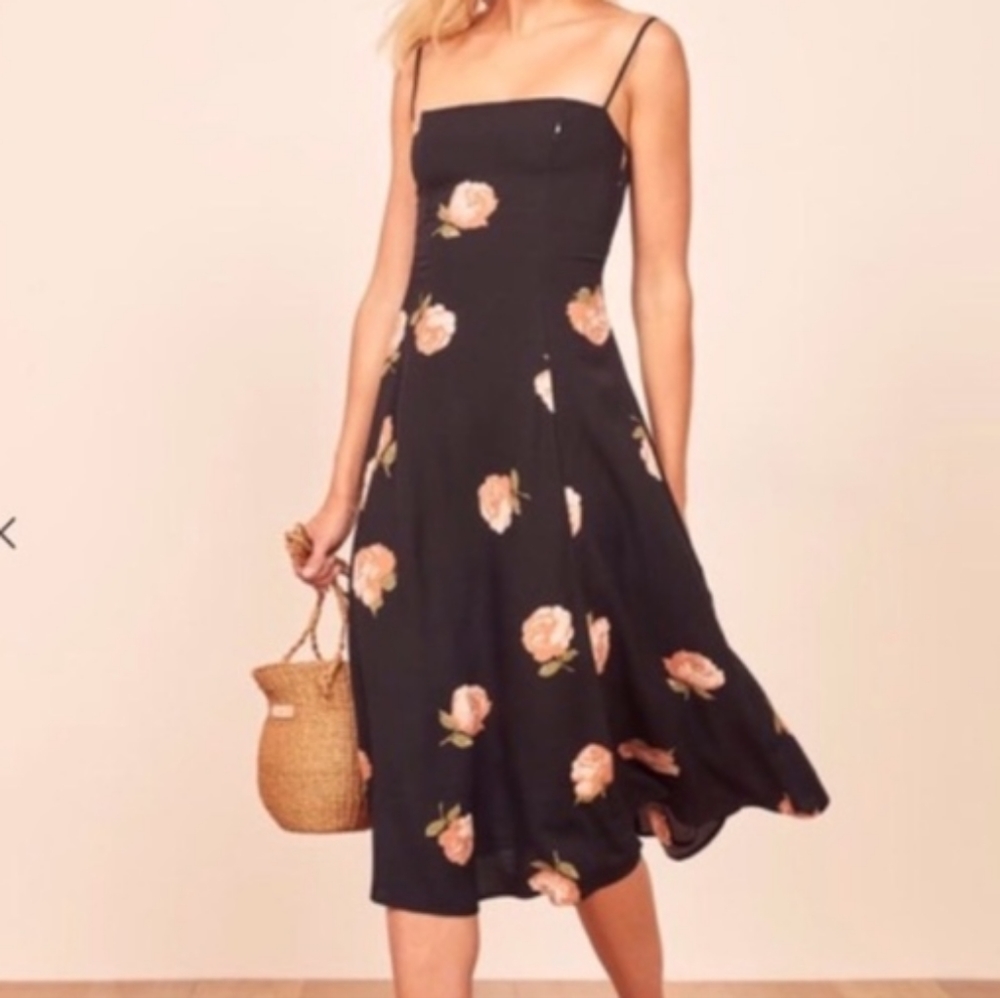 Reformation Black Midi Dress with Floral Print